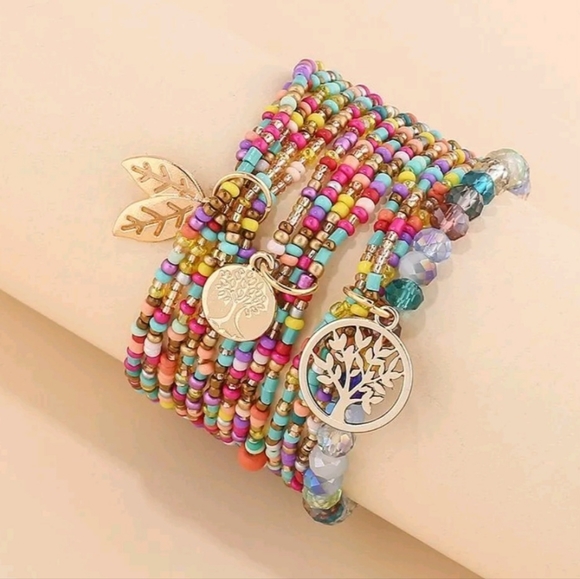 Jewelry - Boho Beaded Multi-color Charm Stretchy Bracelet Set NWT